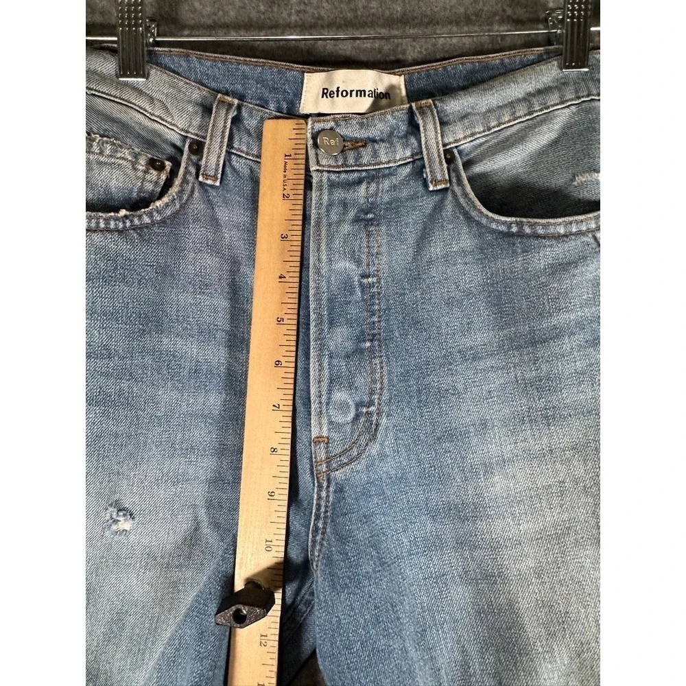 Reformation High Rise Straight Leg Jeans Light‎ Wash Blue Distressed Button Fly